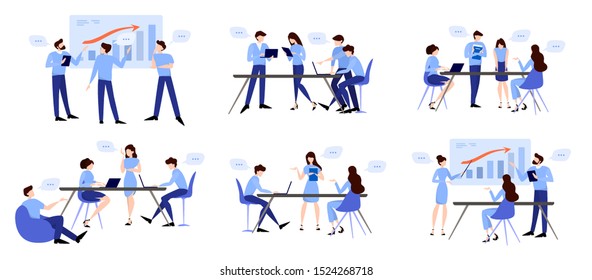 Discussion and brainstorming in team concept. Group of business people at work, office meeting. Professional communication. Isolated flat vector illustration