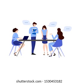 Discussion and brainstorming in team concept. Group of business people at work, office meeting. Professional communication. Isolated flat vector illustration