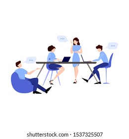 Discussion and brainstorming in team concept. Group of business people at work, office meeting. Professional communication. Isolated flat vector illustration