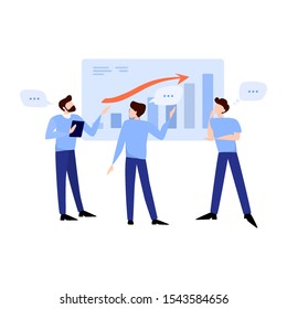 Discussion and brainstorming in team concept. Group of business people at work, office meeting. Professional communication. Isolated flat vector illustration