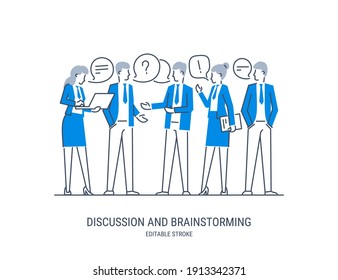 Discussion and brainstorming in team concept. Group of business people at work, office meeting. Professional communication. Vector illustration. Editable stroke.