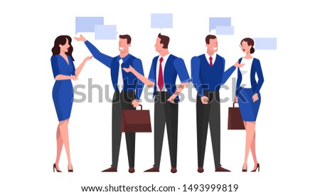 Discussion and brainstorming in team concept. Group of business people at work, office meeting. Professional communication. Isolated flat vector illustration