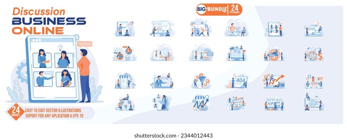 Discussion business online concept illustration, collection of male and female business people scenes in the discussion business online scene. mega set flat vector modern illustration