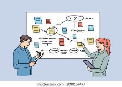 Discussion and business partners concept. Young smiling colleagues woman and man standing at presentation with notes discussing ideas together 