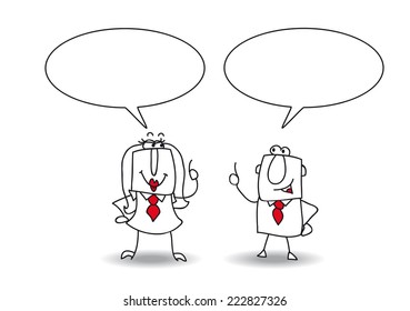 discussion. A businessman and a businesswoman are talking together. Write your message in the copy space