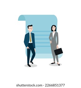 Discussion. Businessman in front of contract. Concept vector illustration.
