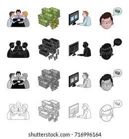 Discussion of businessmen, money, videoconference, business idea. Business conference set collection icons in cartoon black monochrome outline style vector symbol stock illustration web.
