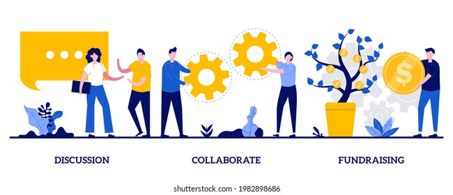 Discussion, collaboration, fundraising concept with tiny people. Teamwork and coworking web banners abstract vector illustration set. Online business conference, money investment metaphor.