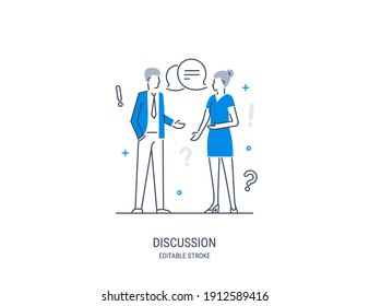 Discussion, collaboration, teamwork power, share opinion, brainstorming. Conversation of a man and a woman. Vector illustration. Editable stroke.