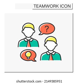 Discussion color icon. Workers with ideas communicate.Question sign. Misunderstanding.Teamwork concept. Isolated vector illustration
