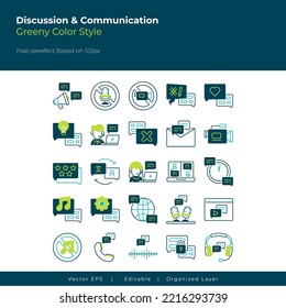 discussion and communication icon set with green outline