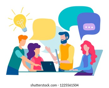 Discussion and communication in the office, teamwork, brainstorming. Vector illustration.