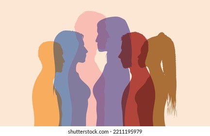 Discussion or comparison between friends in the crowd. People profile dialogue. Group of isolated people talking in coloured flat cartoons. Multiple exposure, Conference or debate.