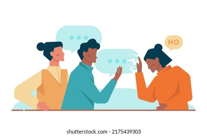 Discussion concept. Characters with a dialog bubble. Group of business people communication. Succesful negotiation or misunderstanding. Flat vector illustration