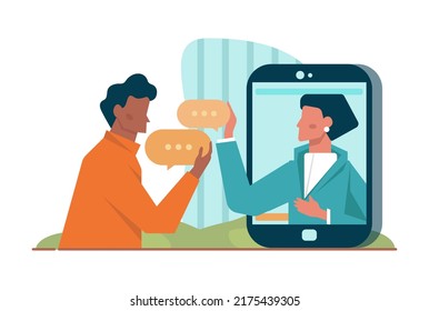 Discussion concept. Characters with a dialog bubble. Group of business people communication. Succesful negotiation or misunderstanding. Flat vector illustration