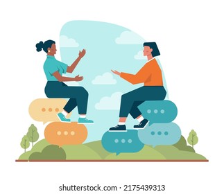 Concepto de discusión. Caracteres con una burbuja de diálogo. Grupo de personas de negocios de comunicación. Negociación exitosa o malentendido. Ilustración vectorial plana