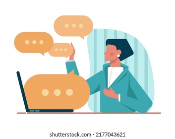 Diskussionskonzept. Zeichen mit einer Dialogblase. Gruppe der Geschäftsleute Kommunikation. Erfolgreiche Verhandlungen oder Missverständnisse. Flache Vektorgrafik