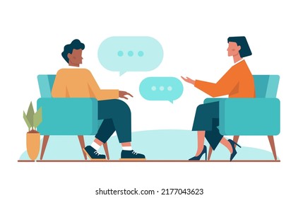 Discussion concept. Characters with a dialog bubble. Group of business people communication. Succesful negotiation or misunderstanding. Flat vector illustration