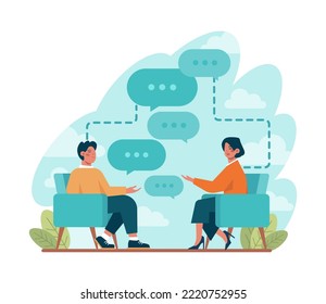 Discussion concept. Characters with a dialog bubble, communicating with each other. Succesful negotiation or misunderstanding. Flat vector illustration