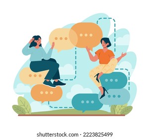 Discussion concept. Characters with a dialog bubble, communicating with each other. Succesful negotiation or misunderstanding. Flat vector illustration