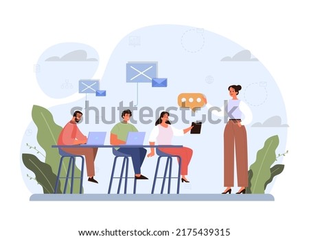 Discussion concept. Characters with a dialog bubble. Group of business people communication. Succesful negotiation or misunderstanding. Flat vector illustration