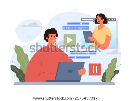 Discussion concept. Characters with a dialog bubble. Group of business people communication. Succesful negotiation or misunderstanding. Flat vector illustration