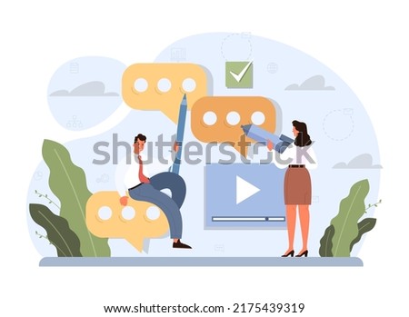 Discussion concept. Characters with a dialog bubble. Group of business people communication. Succesful negotiation or misunderstanding. Flat vector illustration