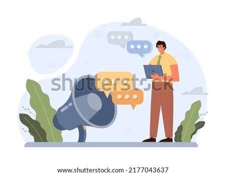 Discussion concept. Characters with a dialog bubble. Group of business people communication. Succesful negotiation or misunderstanding. Flat vector illustration