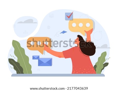 Discussion concept. Characters with a dialog bubble. Group of business people communication. Succesful negotiation or misunderstanding. Flat vector illustration