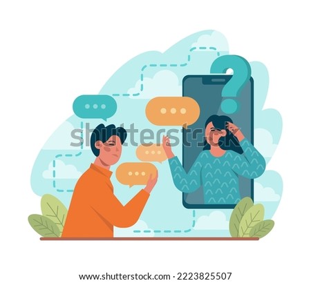 Discussion concept. Characters with a dialog bubble, communicating with each other. Succesful negotiation or misunderstanding. Flat vector illustration