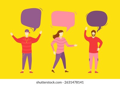 Discussion concept with happy couple chatting using speech balloon and comic cloud guy and girl communicate in friendship meeting think bubble paper background adult talking scene

