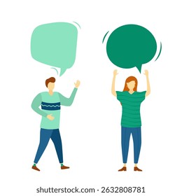 Discussion concept with happy couple chatting using speech balloon and comic cloud guy and girl communicate in friendship meeting think bubble paper background adult talking scene

