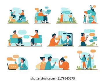 Discussion concept set. Characters with a dialog bubble. Group of business people communication. Succesful negotiation or misunderstanding. Flat vector illustration
