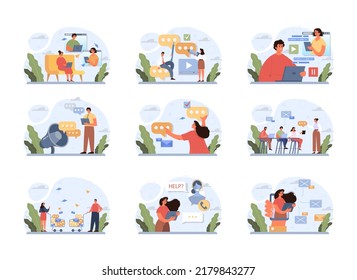 Discussion concept set. Characters with a dialog bubble. Group of business people communication. Succesful negotiation or misunderstanding. Flat vector illustration