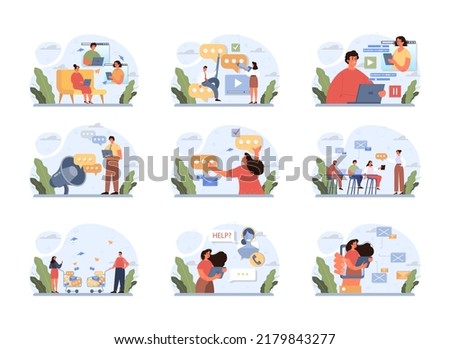 Discussion concept set. Characters with a dialog bubble. Group of business people communication. Succesful negotiation or misunderstanding. Flat vector illustration