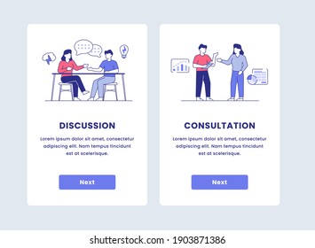 discussion consultation men and women talking onboarding for mobile app apps application with cartoon flat outline style
