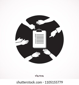  Discussion contract , negotiation concept work, brainstorming. Director negotiating table. Office staff at the round table in the process of discussing plan.  vector illustration.