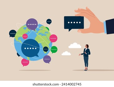 Discussion or conversation between. Hand put new babble message on world map across globe. Flat vector illustration