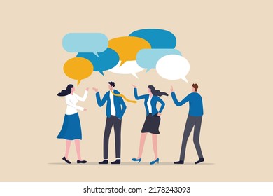 Discussion, conversation or brainstorming for idea, meeting, debate or team communication, colleague chatting, opinion concept, business team coworker discussing work in meeting with speech bubbles. svg