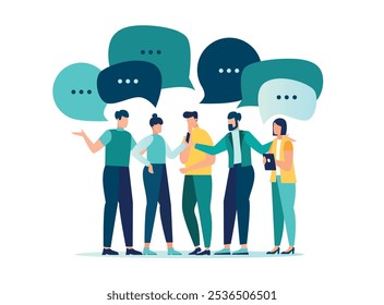 Discussion, conversation or brainstorming for idea, meeting, debate or team communication, colleague chatting, opinion concept, business team coworker discussing work in meeting with speech bubbles