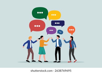 Discussion, conversation or brainstorming for an idea, team communication, coworkers chatting, opinion concept, business team coworkers discussing work in a meeting with speech bubbles.