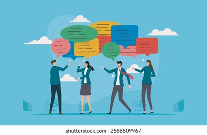  Discussion, conversation or brainstorming of ideas in a meeting, debate or team communication, colleagues discussing opinions and concepts, with business team co-workers discussing work in a meeting