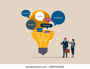 Discussion, conversation, meeting, team communication. Open lightbulb to see speech bubbles. Vector illustration.