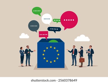 Discussion, conversation, meeting, team communication. Business people opened the box European Union to see speech bubbles. Modern vector illustration in flat style