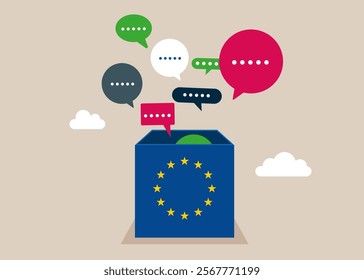 Discussion, conversation, meeting, team communication. Open box European Union to see speech bubbles. Modern vector illustration in flat style