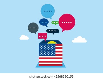 Discussion, conversation, meeting, team communication. Open box United States of America to see speech bubbles. Modern vector illustration in flat style