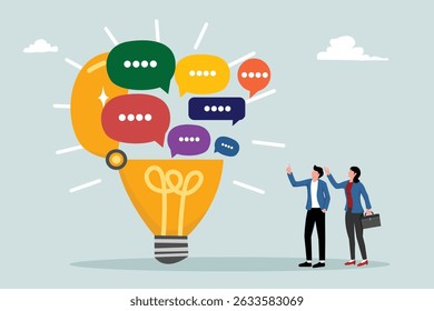 Discussion, conversation, meeting, team communication. Open lightbulb to see speech bubbles.