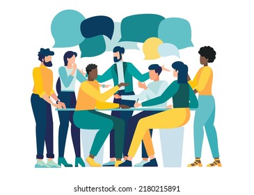 Discussion, conversation with speech bubbles. illustration brainstorming for idea, meeting opinion concept, discussing work in meeting and talk with speech bubbles. business time debate over work idea svg