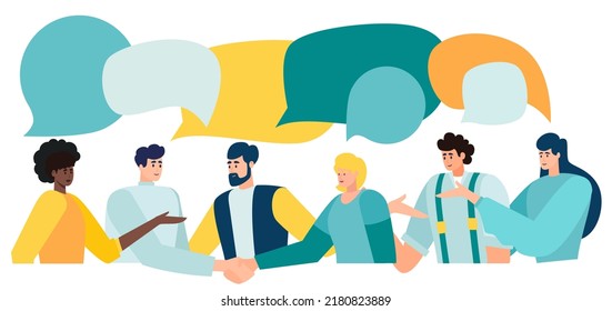 Discussion, conversation with speech bubbles. illustration brainstorming for idea, meeting opinion concept, discussing work in meeting and talk with speech bubbles. svg
