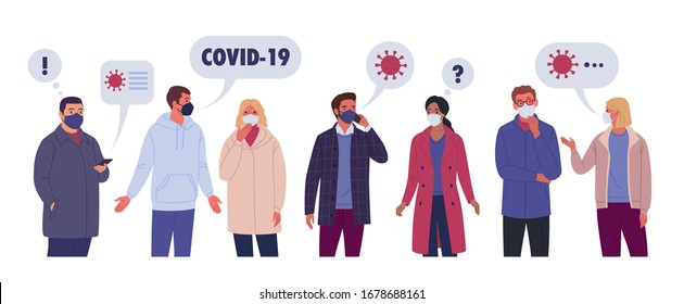 Discussion Of Coronavirus. Vector Illustration Of Cartoon Multiethnic Group Of People Talking And Thinking About Covid-19. Isolated On White